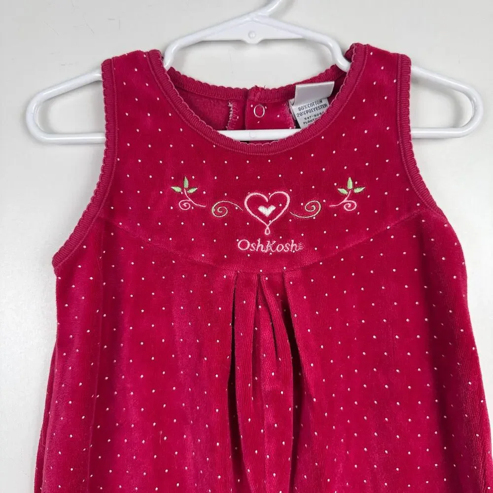 Vtg 90s OshKosh B'Gosh Velvet Jumpsuit Polka Dot Heart Pink - 6-9 Months